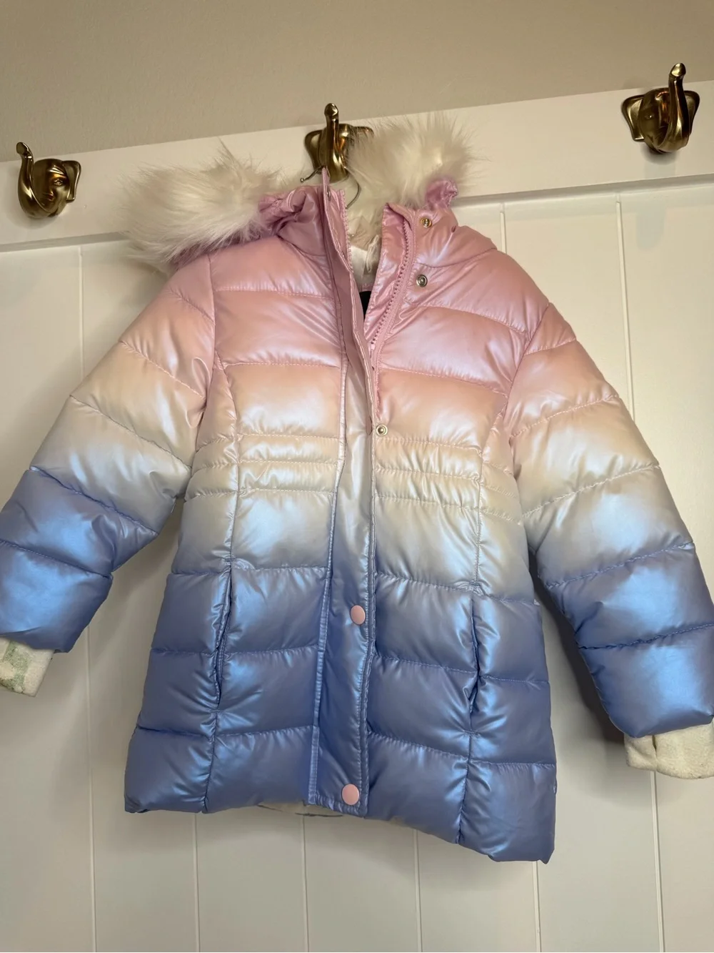 Girls' Ombre Faux-Fur Hooded Puffer Jacket - Pink, White, Blue